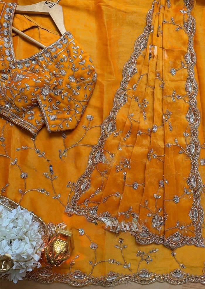 Premium Yellow Fandy Silk Bids and Stone Work Saree