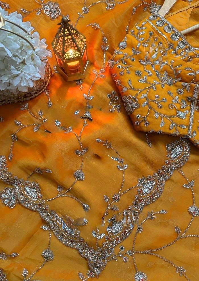 Premium Yellow Fandy Silk Bids and Stone Work Saree
