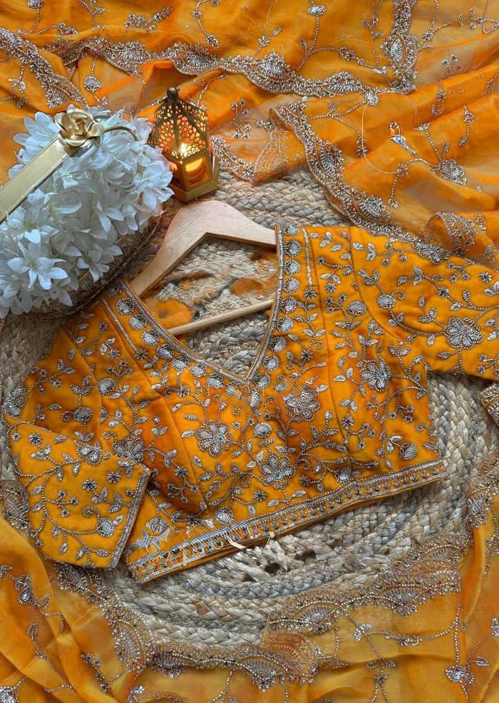 Premium Yellow Fandy Silk Bids and Stone Work Saree