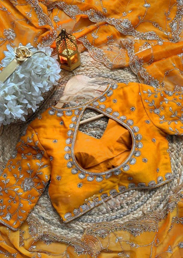 Premium Yellow Fandy Silk Bids and Stone Work Saree