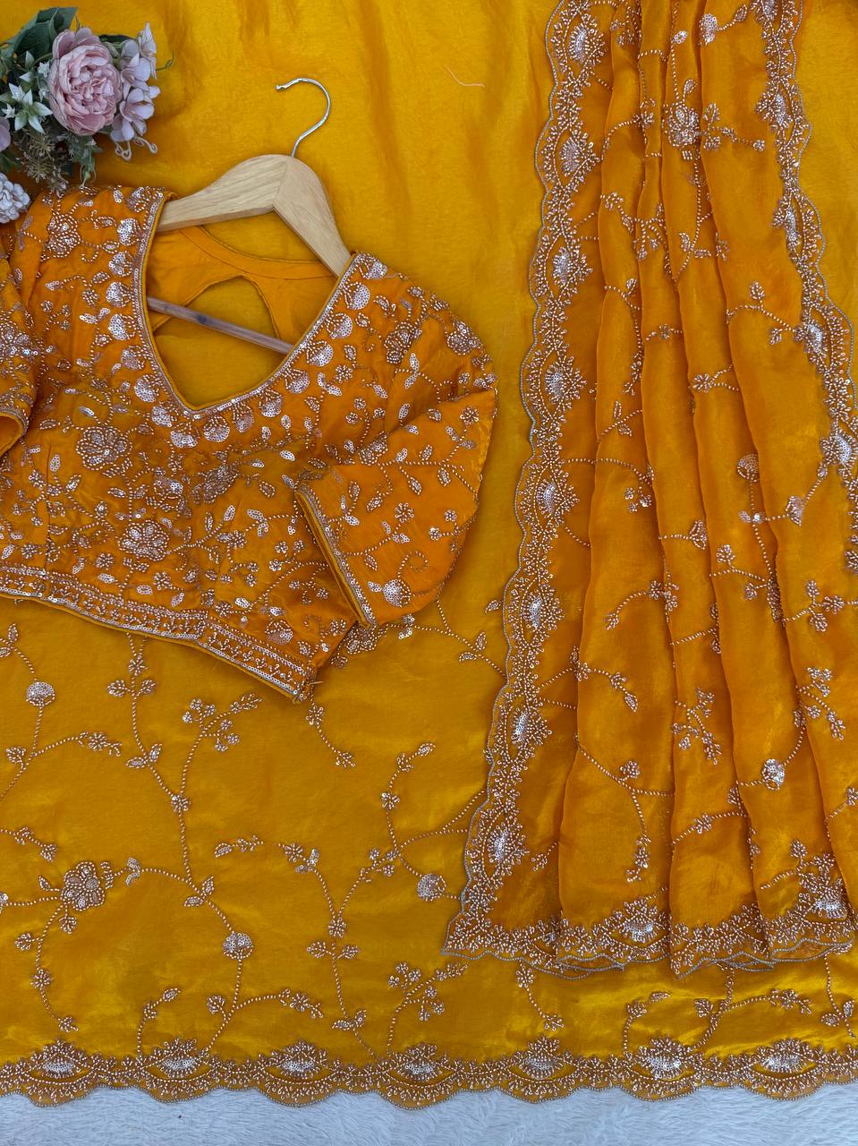 Premium Yellow Fandy Silk Bids and Stone Work Saree