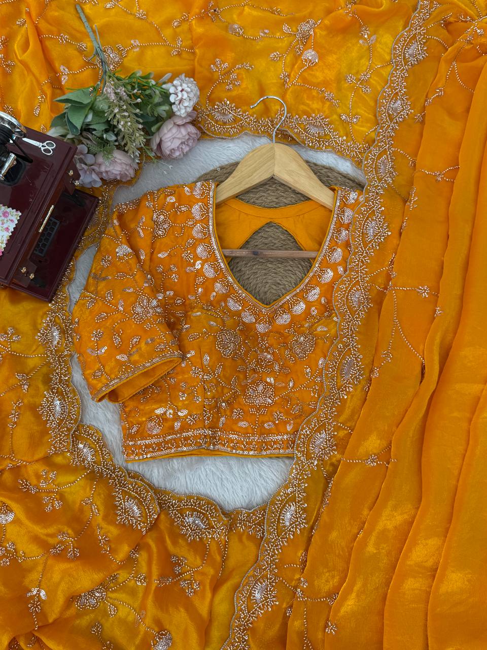 Premium Yellow Fandy Silk Bids and Stone Work Saree