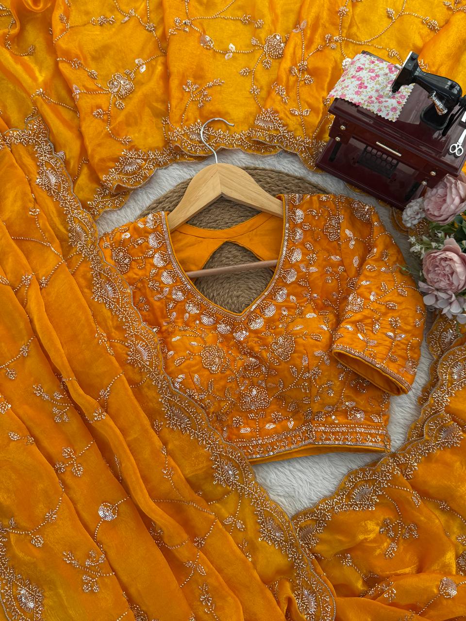 Premium Yellow Fandy Silk Bids and Stone Work Saree