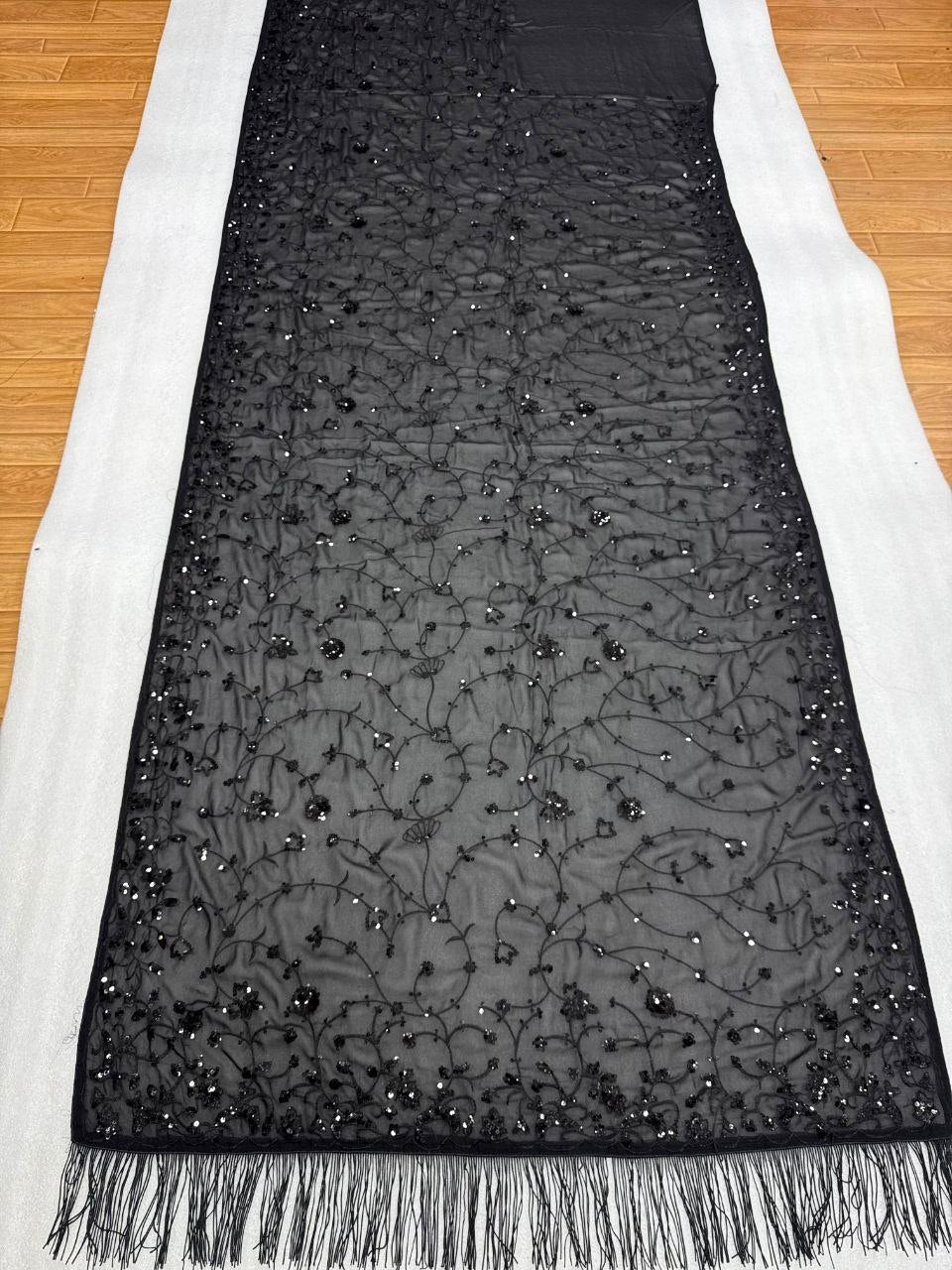 Black Georgette Party Wear Saree with Sequin Embroidery & Fringe Edges