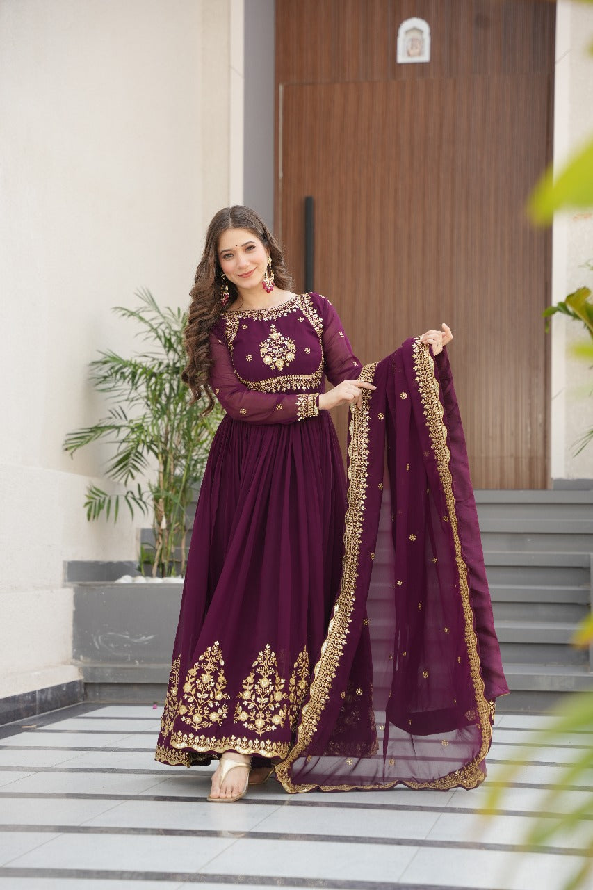 Heavy Designer Gown in Wine Georgette With Sequence Embroidery Work and Dupatta