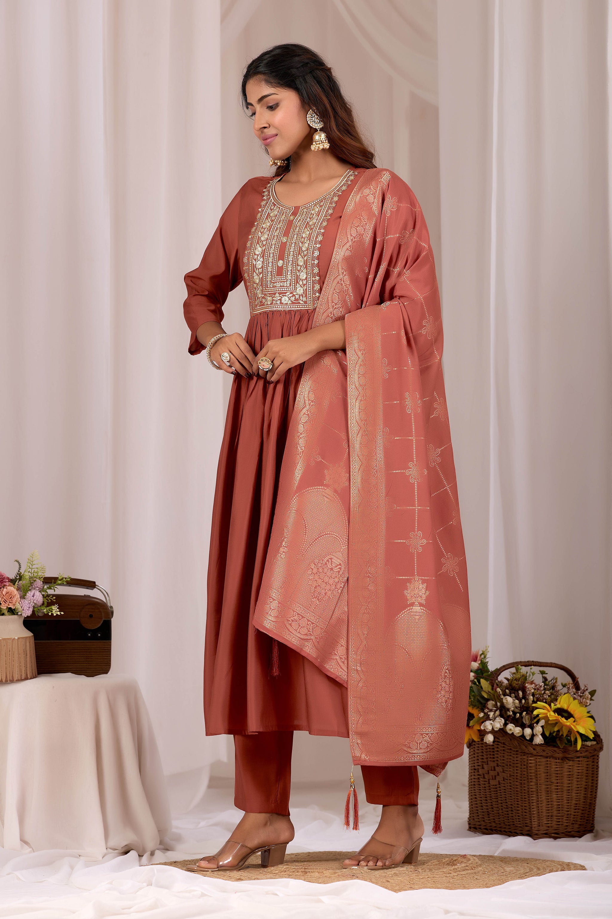 Women Rust Embroidered Stylish Straight Kurta Set with Jacquard Dupatta