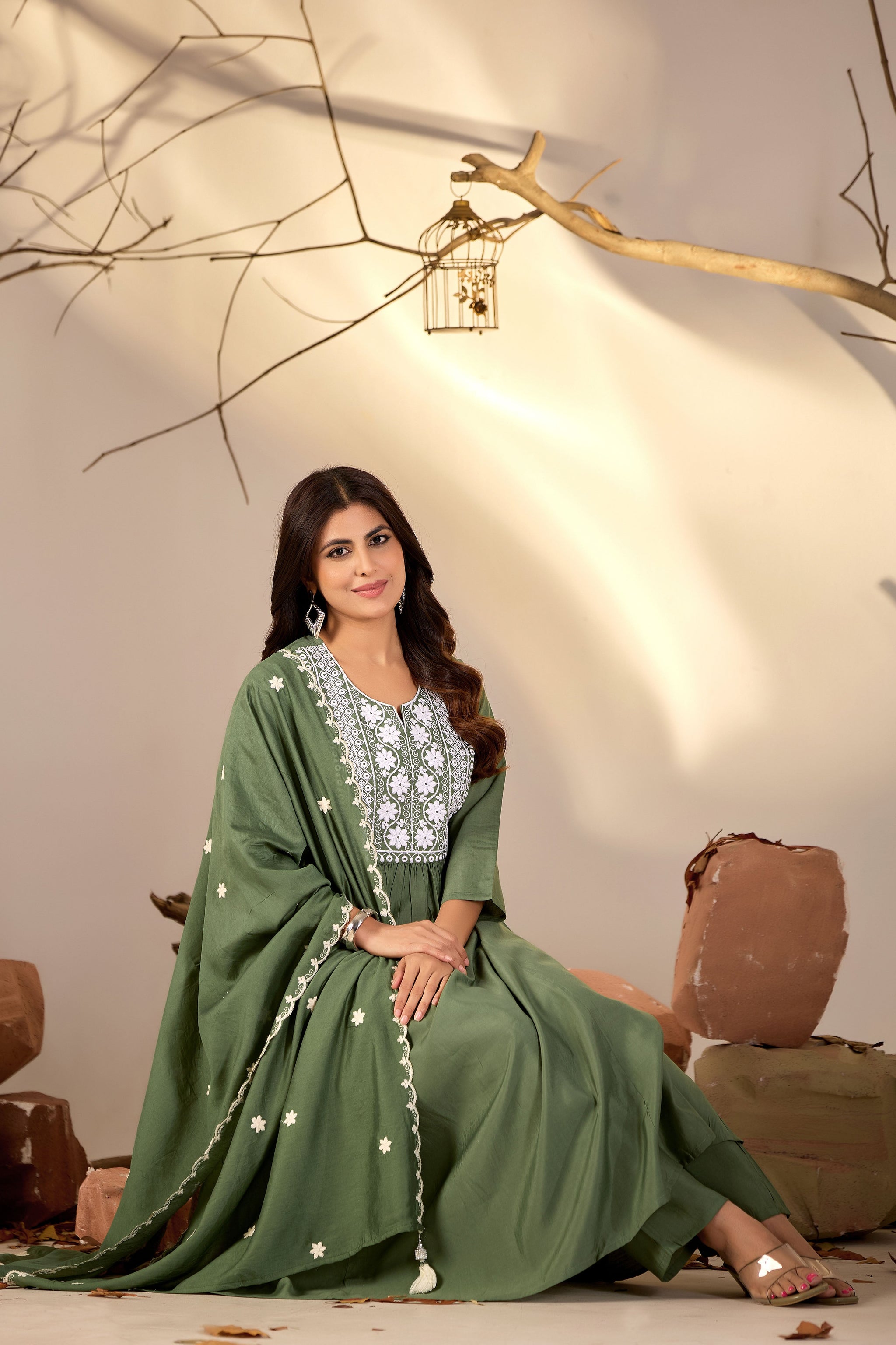 Olive Green Flared Anarkali Suit with White Embroidered Yoke