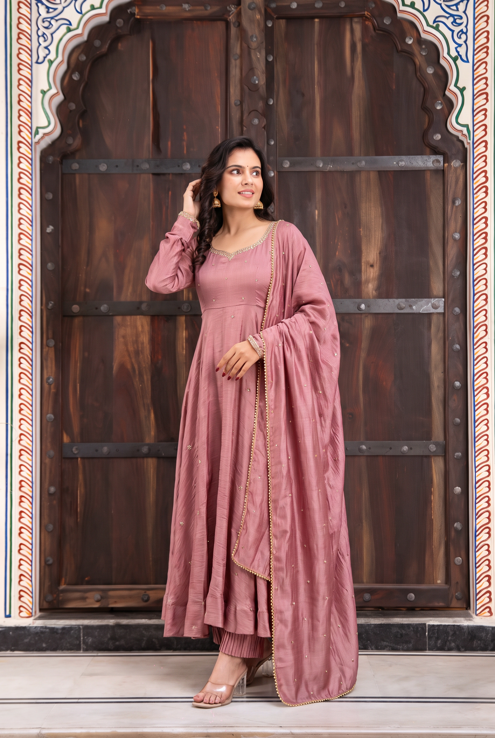 Dusty Rose Embroidered Anarkali Suit Set with Dupatta
