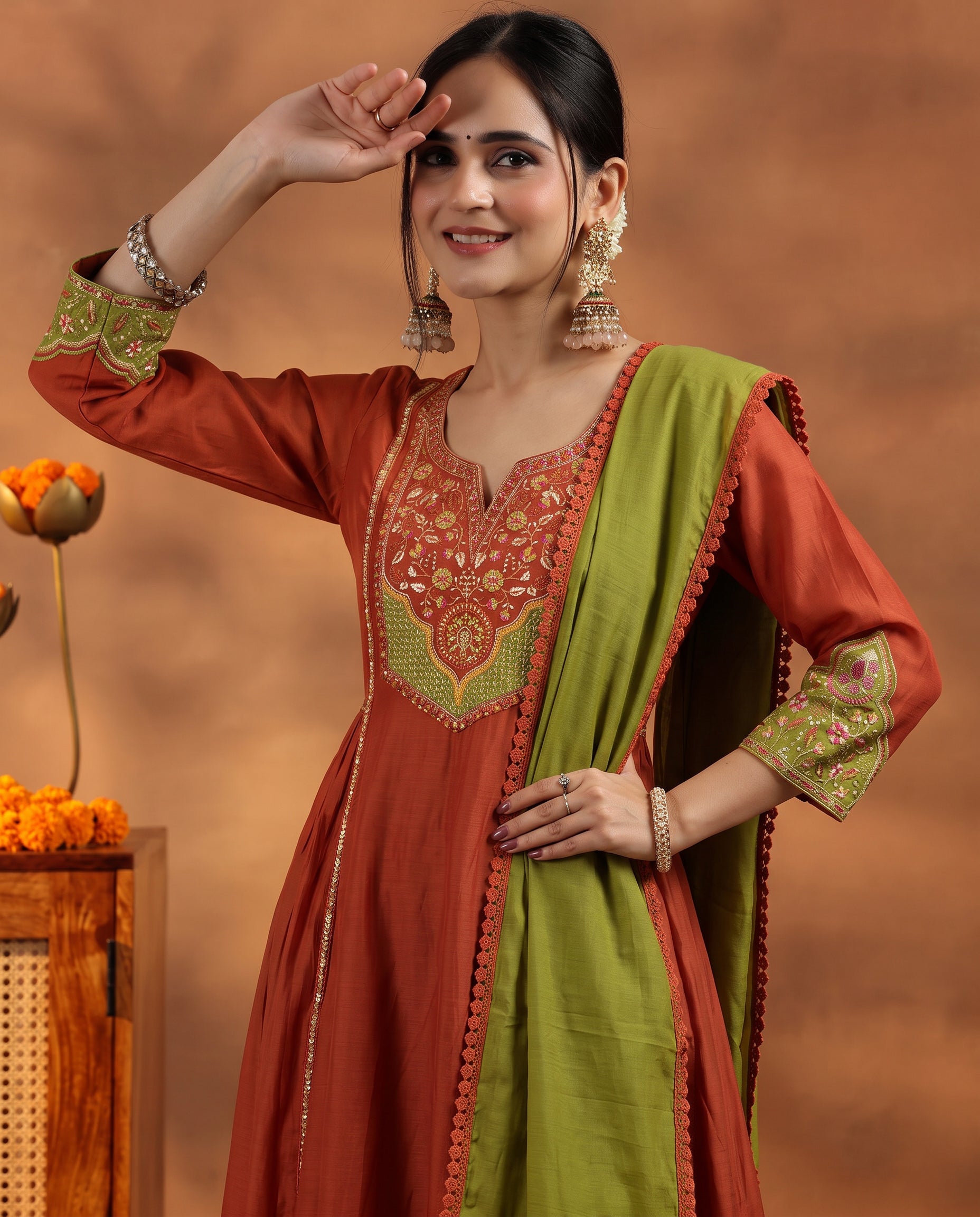 Rust Orange Embroidered Cotton A-Line Kurta Set for Women with Dupatta