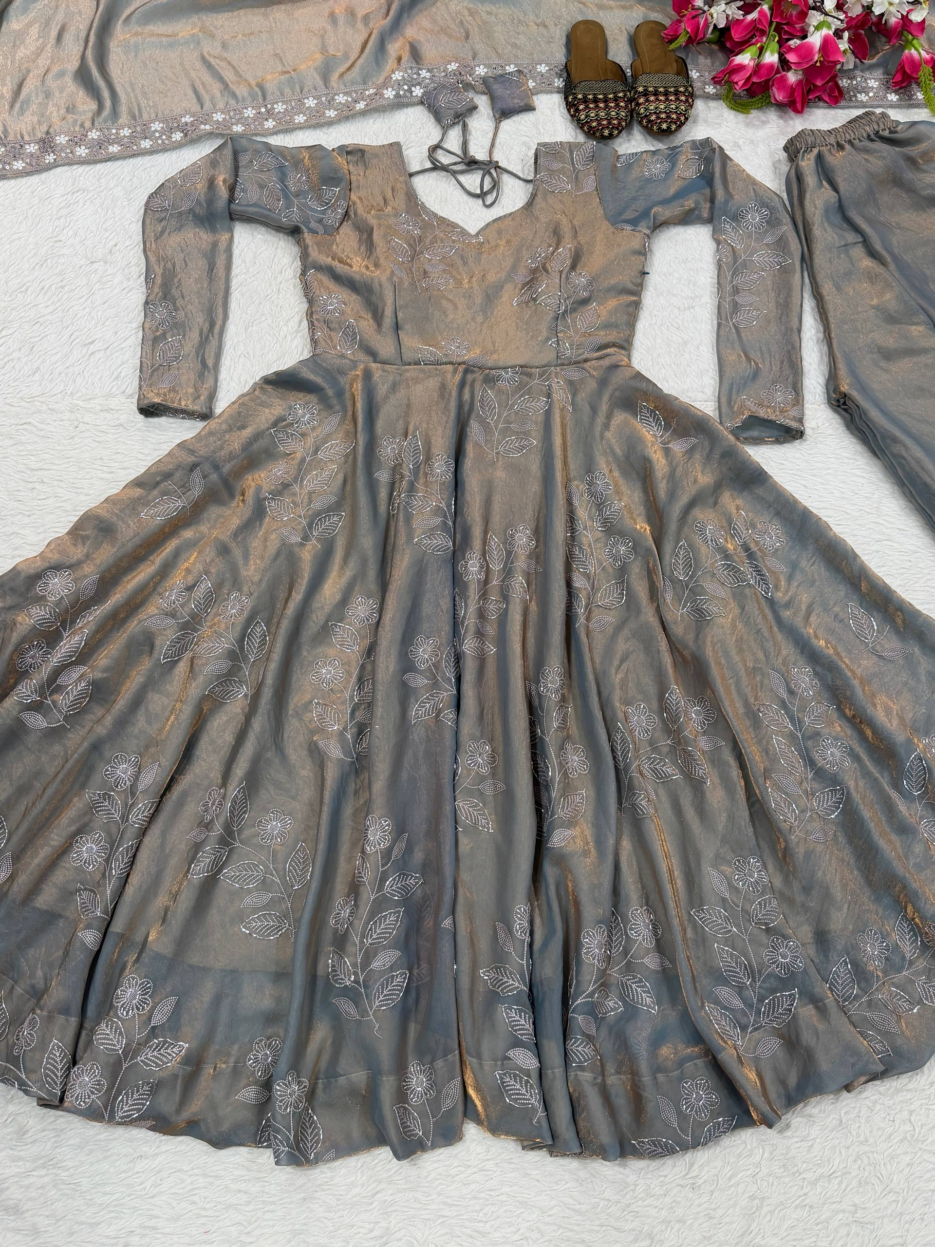 Grey Gold Shimmer Embroidered Anarkali Suit with Dupatta - Product Photo