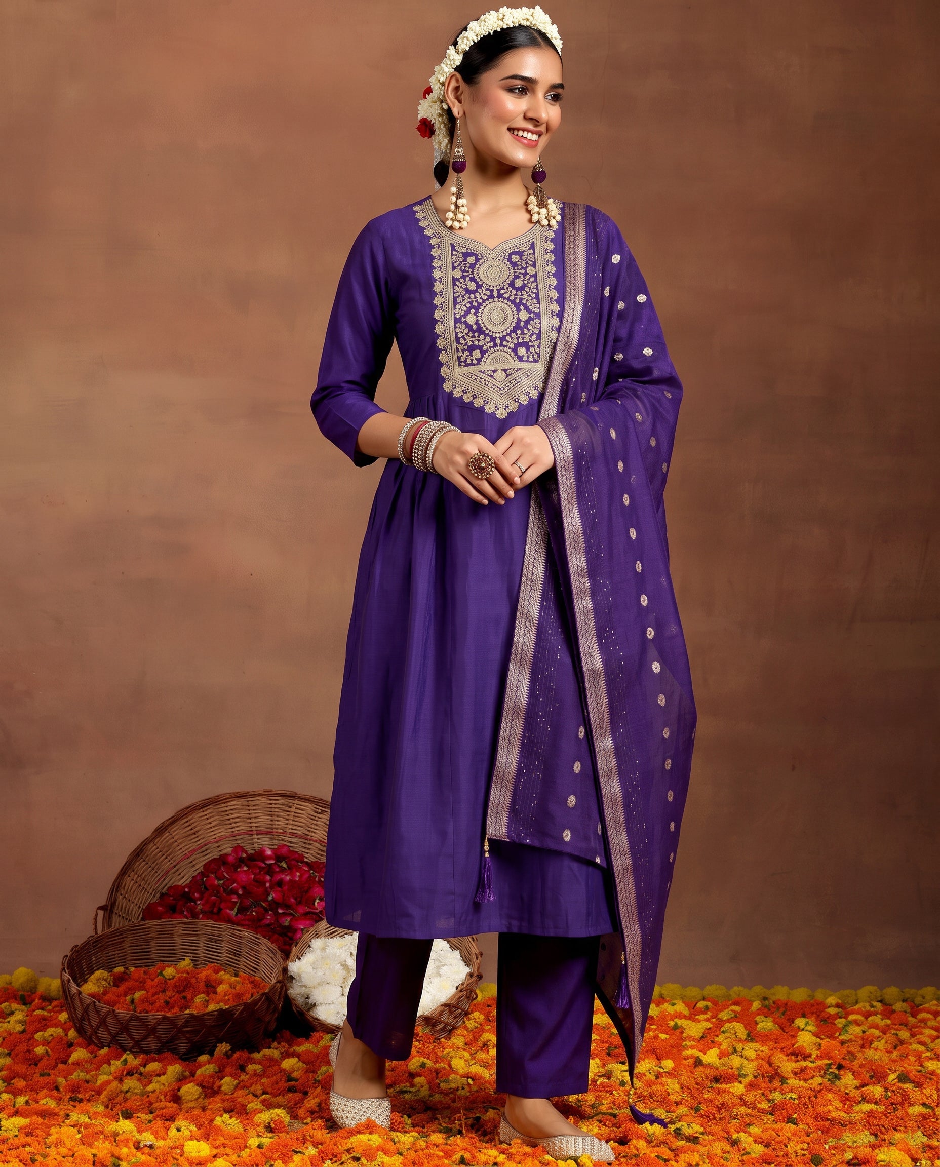 Purple Embroidered Kurta Set with Dupatta