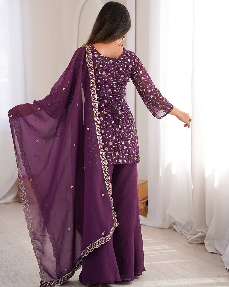 Dusty Mauve Color Crunchy Silk Embroidered Plazzo Suit