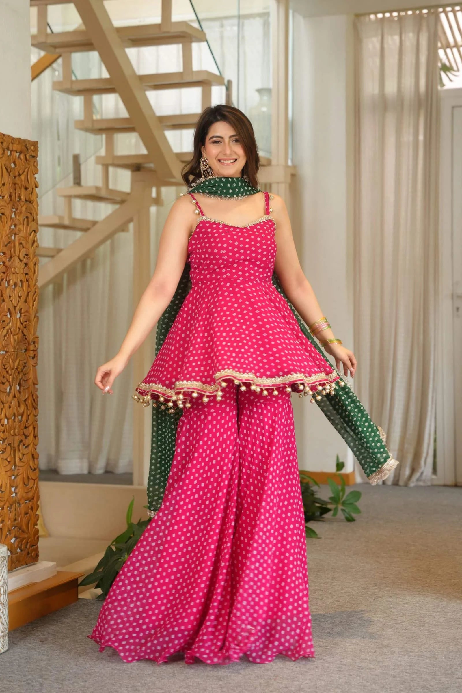 Pink Bandhani Print Sharara Suit Set with Green Dupatta