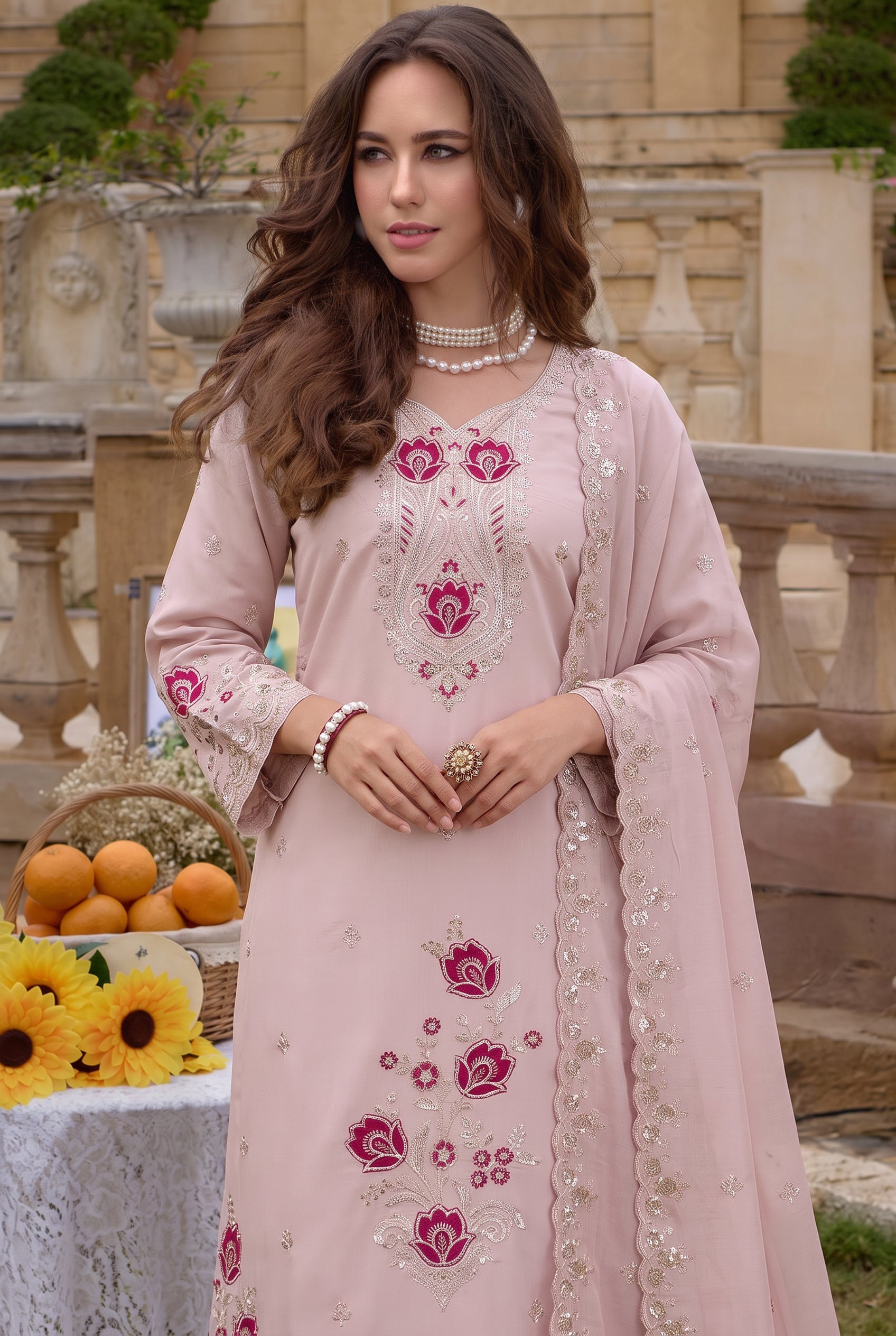 Baby Pink Embroidered Straight Kurta Set with Sequin-Work Dupatta