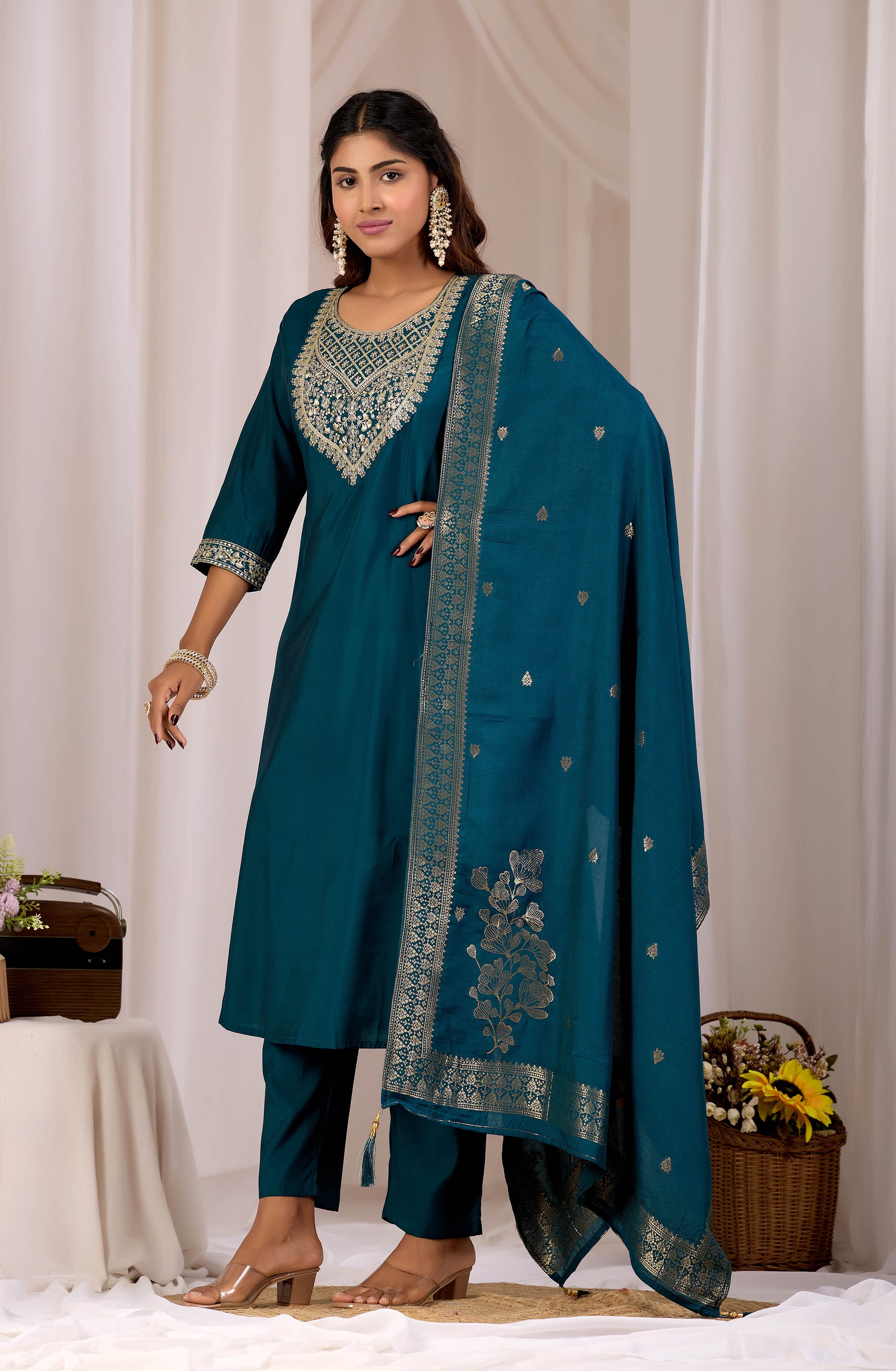 Women Teal Embroidered Kurta Set With Dupatta