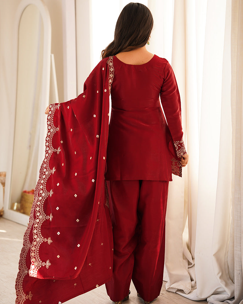 REDDISH MAROON COLOR ROMAN SILK FARSHI SALWAR SUIT