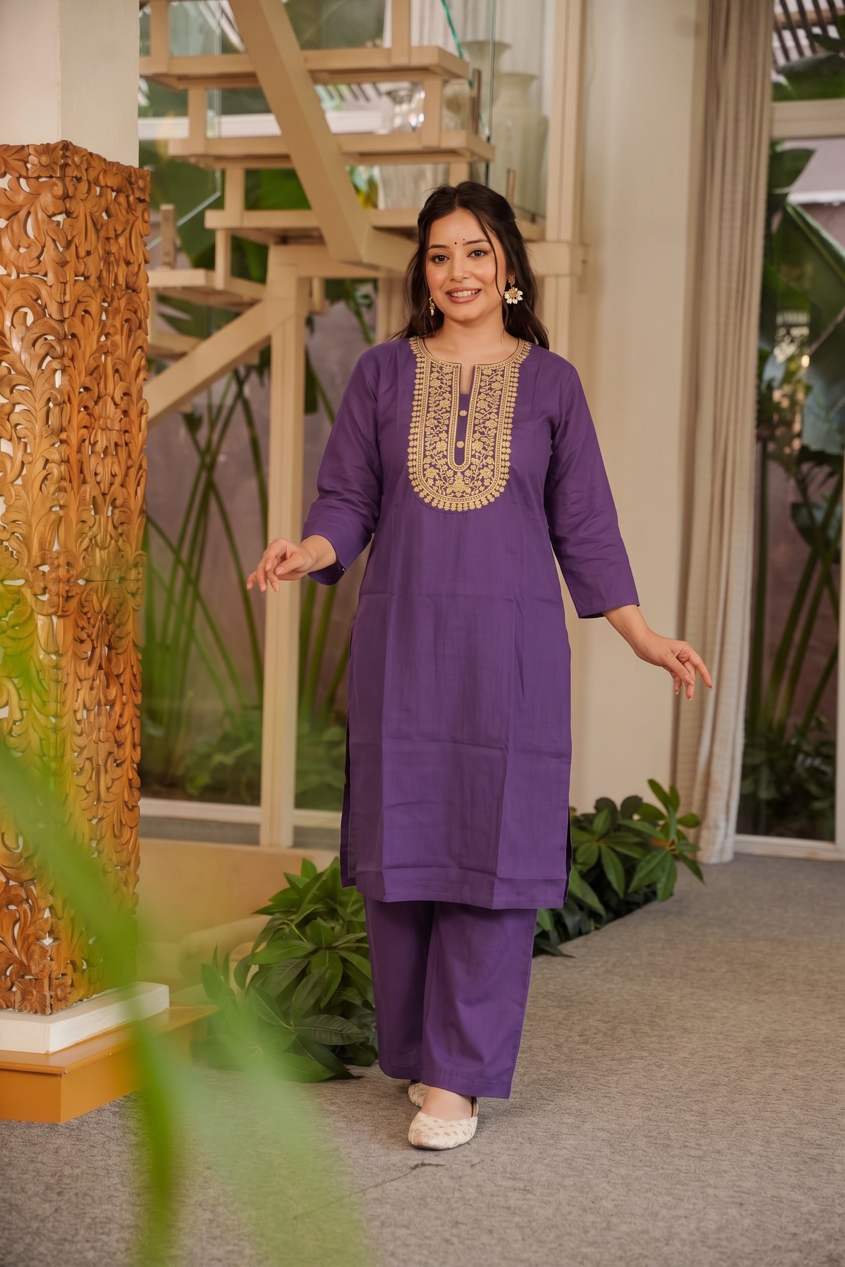 Purple Straight Kurta Set with Gold Embroidered Yoke