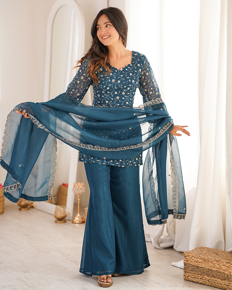 Teal Blue Color Crunchy Silk Embroidered Plazzo Suit