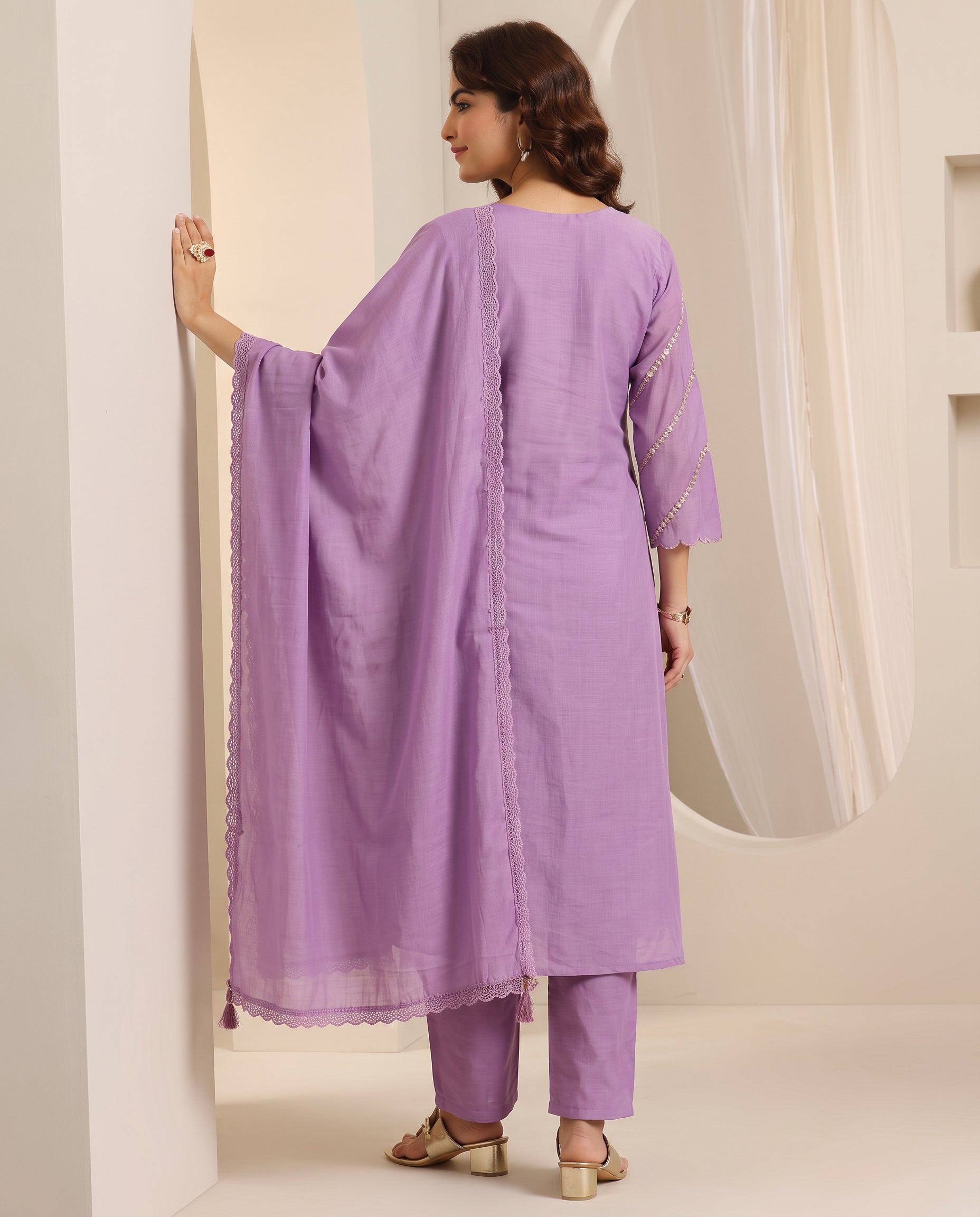 Purple Embroidered Cotton A-Line Kurta Set for Women with Dupatta