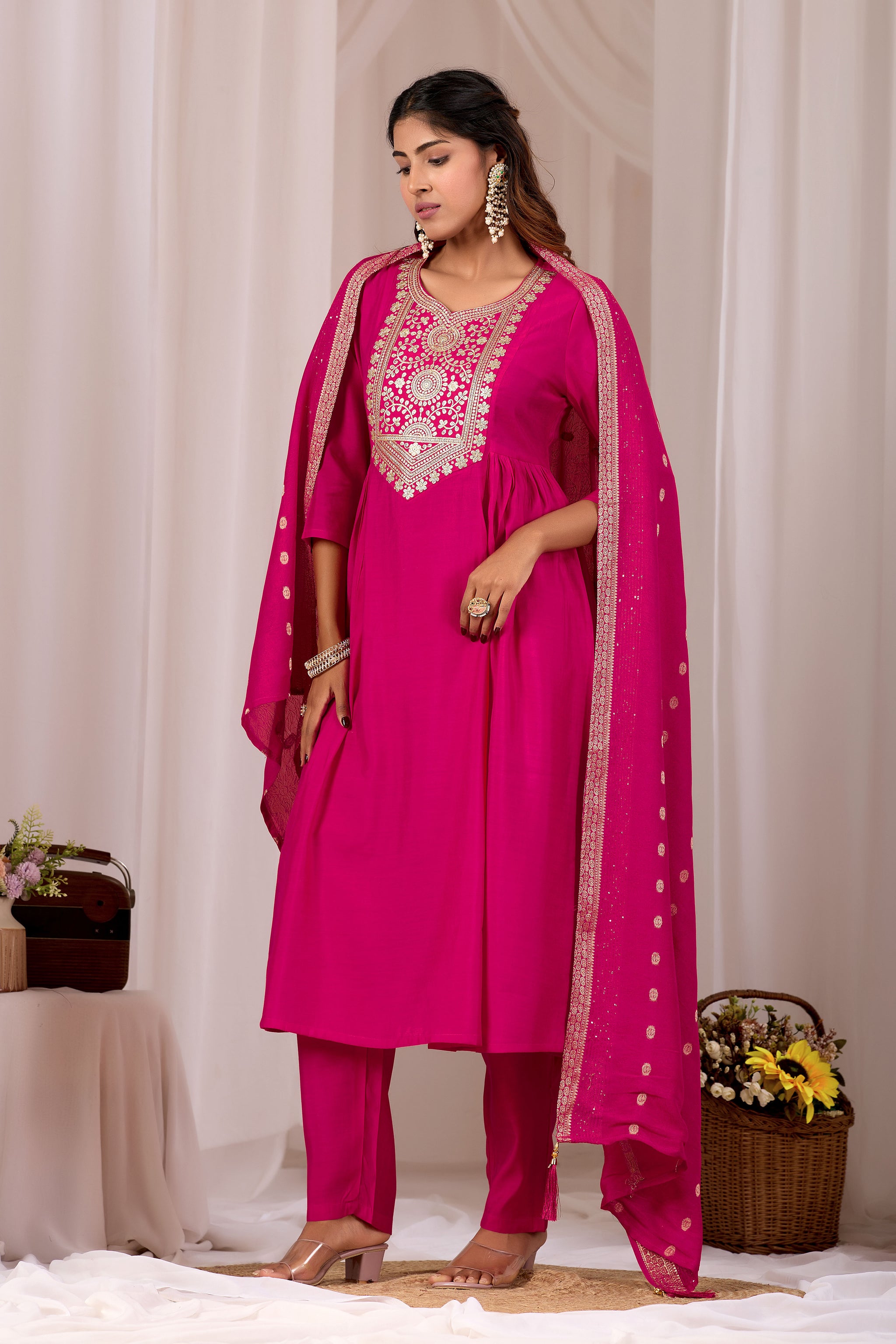 Traditional Rani Pink Embroidery Kurta Set with Dupatta