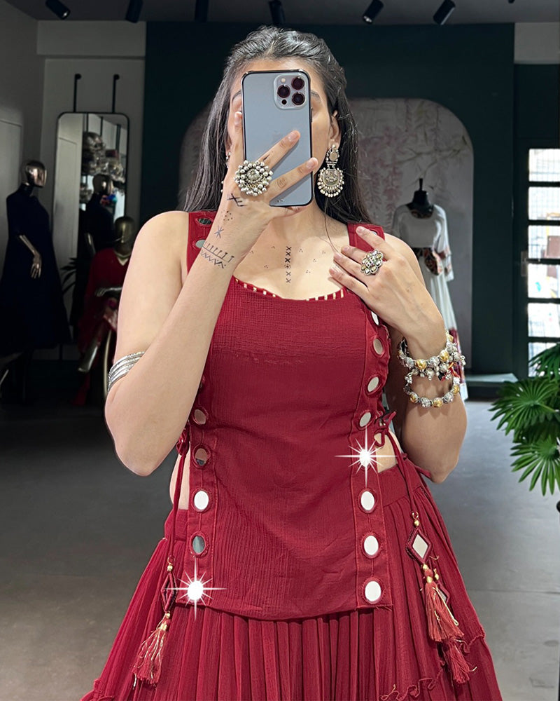 TRADITIONAL MAROON COLOR PURE MARBEL NAVRATRI LEHENGA CHOLI