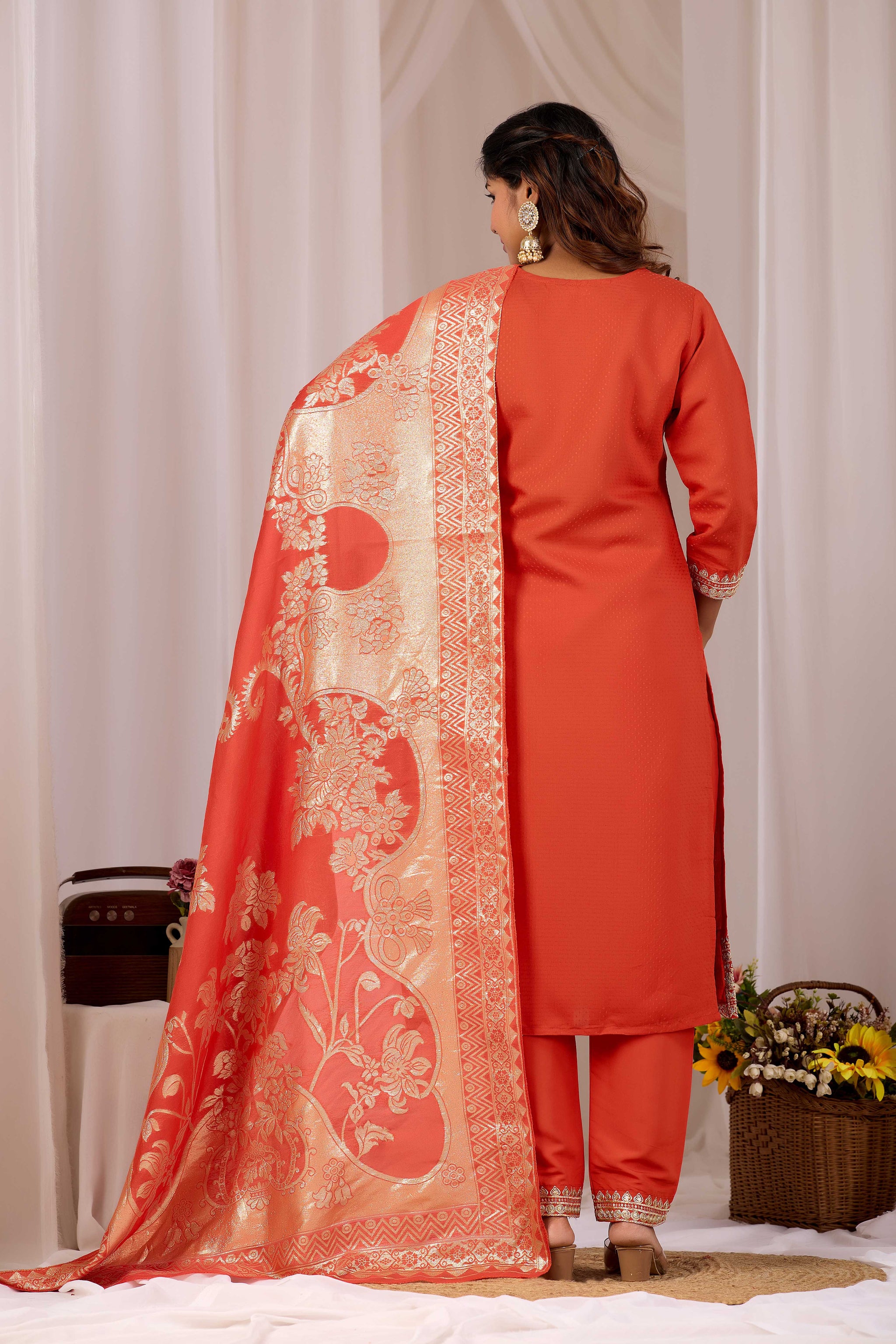 Women Rust Embroidered Silk Blend Straight Kurta Set With Jacquard Dupatta