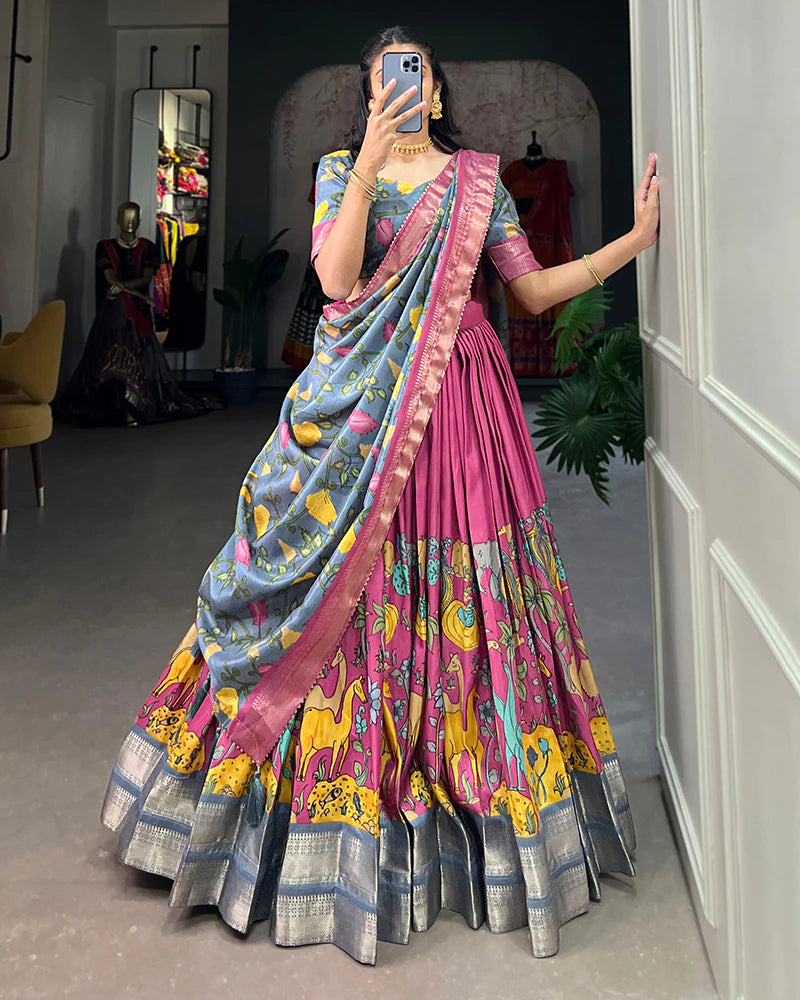 PINK COLOR DOLA SILK DESIGNER KALAMKARI PRINT LEHENGA CHOLI