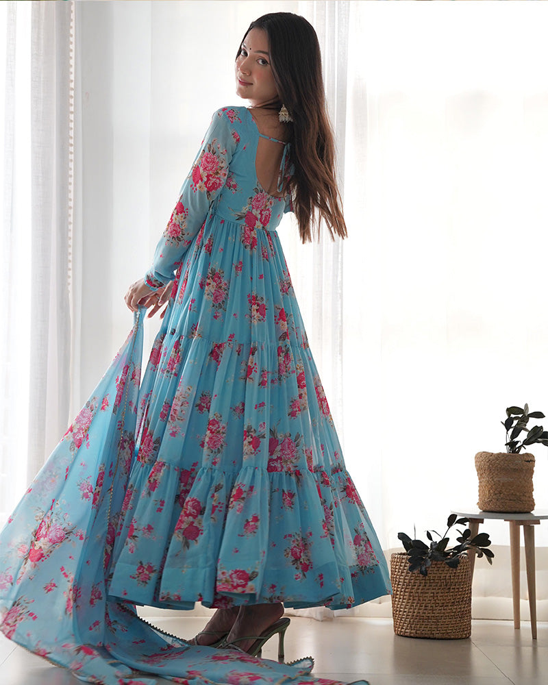 Sky Blue Color Soft Georgette Ruffle Style Three Piece Anarkali Suit