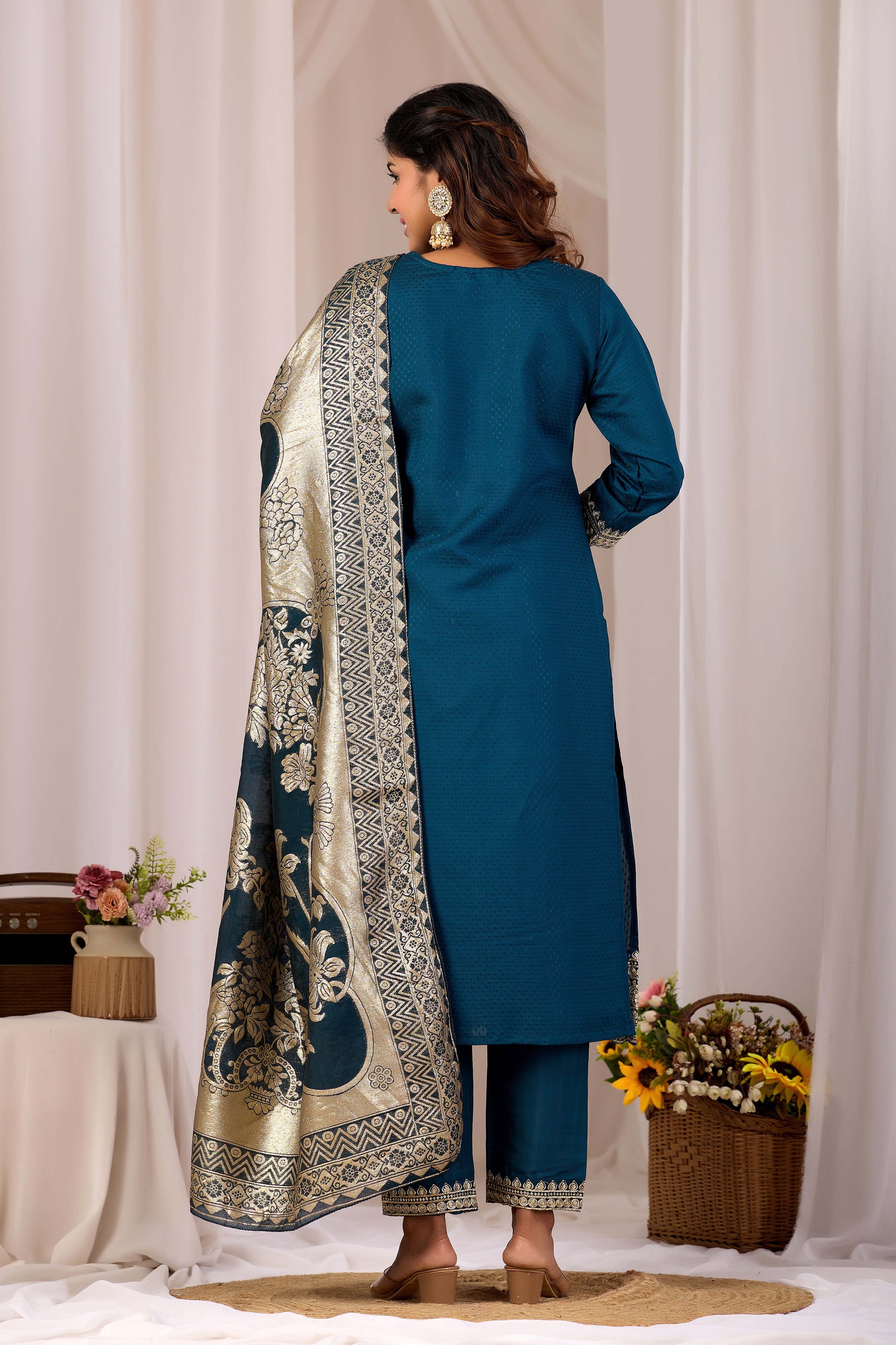 Teal Ethnic Embroidered Stylish Kurta Set with Jacquard Dupatta