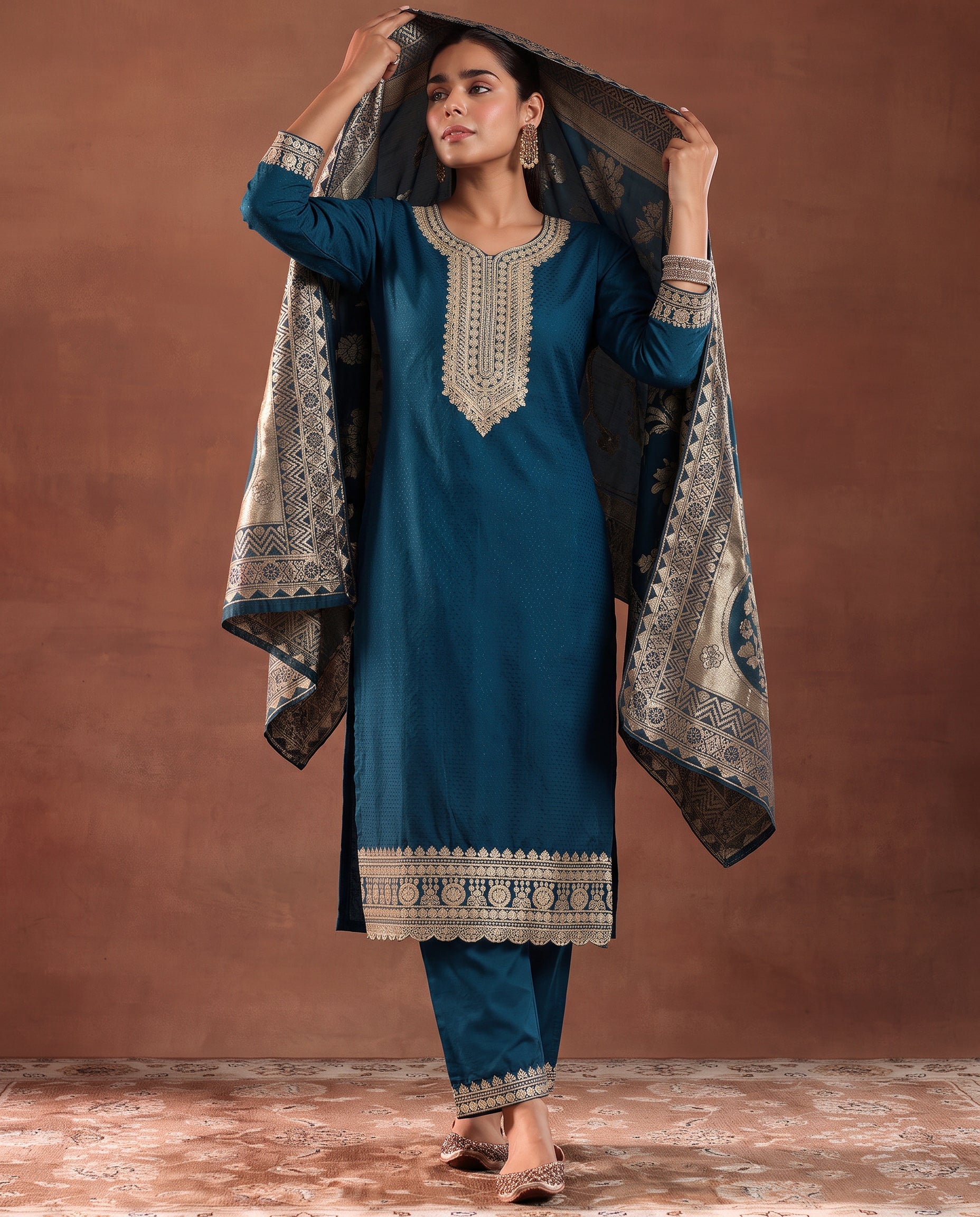 Teal Ethnic Embroidered Silk Blend Straight Kurta Set with Jacquard Dupatta