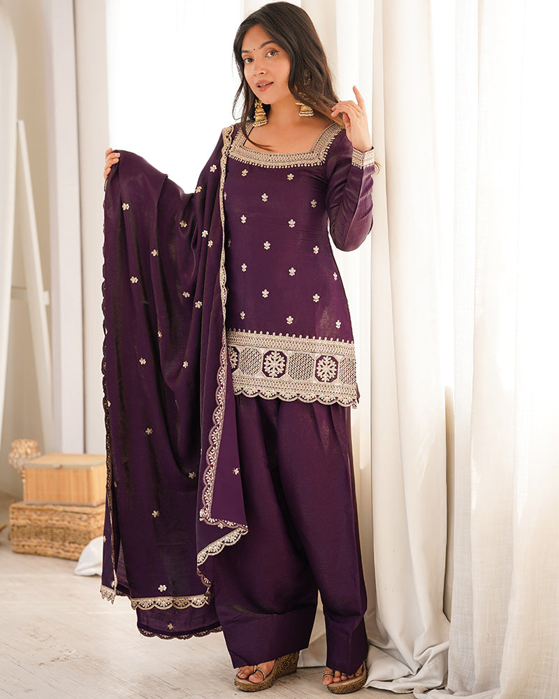 WINE COLOR ROMAN SILK EMBROIDERED FARSHI SALWAR SUIT