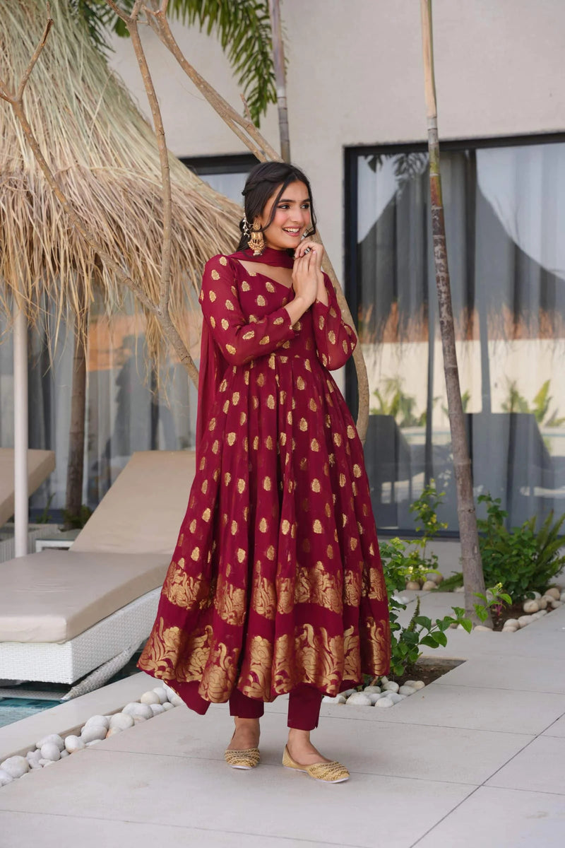 Traditional Maroon Anarkali Suit Set For Weddings And Special Occasions