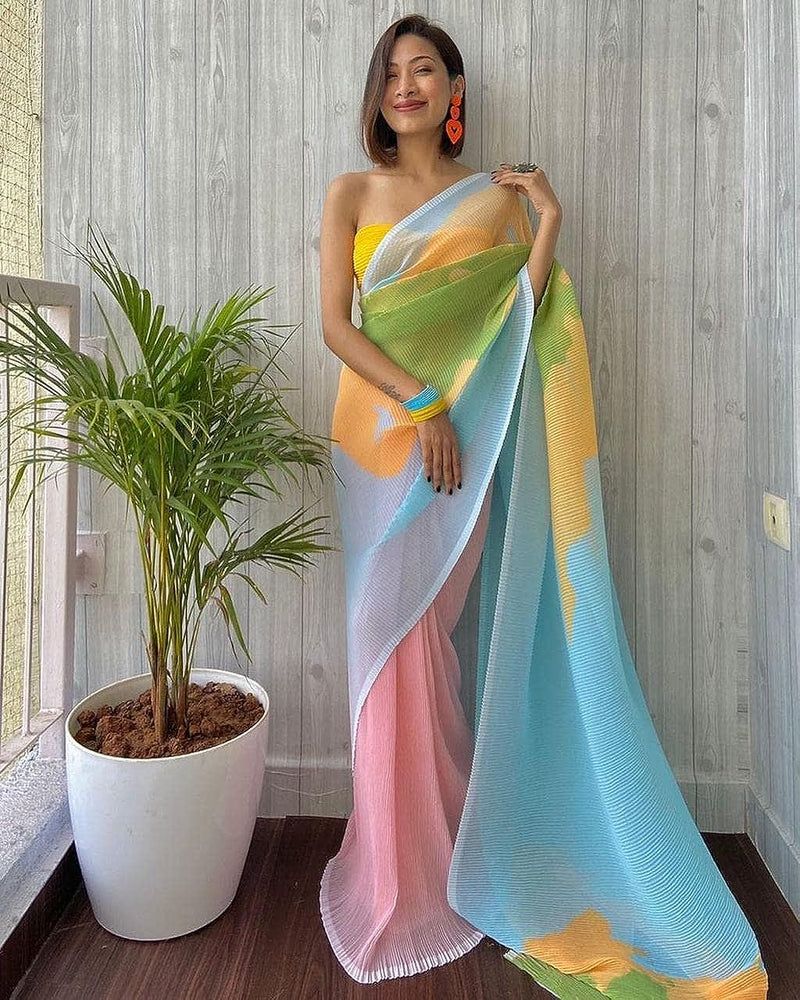 Deepika Padukone Crushed Soft Pure Georgette With Digital Print Celebrity Saree