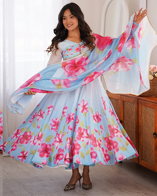 Sky Blue Color Floral Printed Pure Organza Silk Anarkali Suit