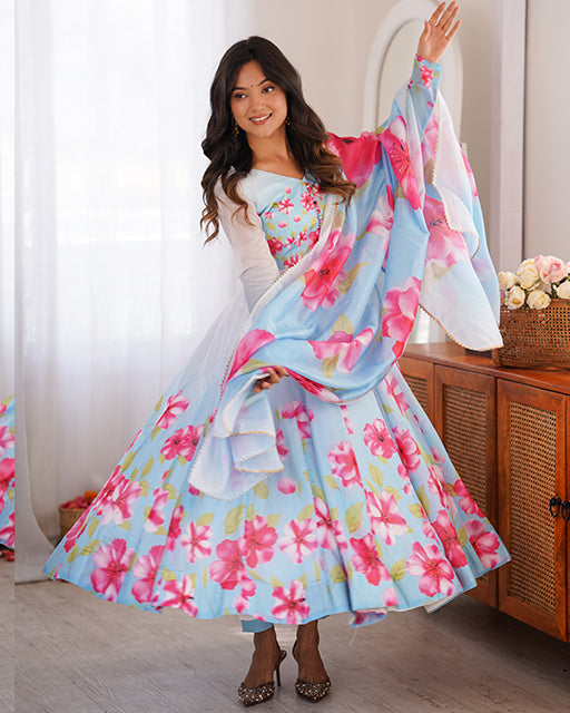 Sky Blue Color Floral Printed Pure Organza Silk Anarkali Suit