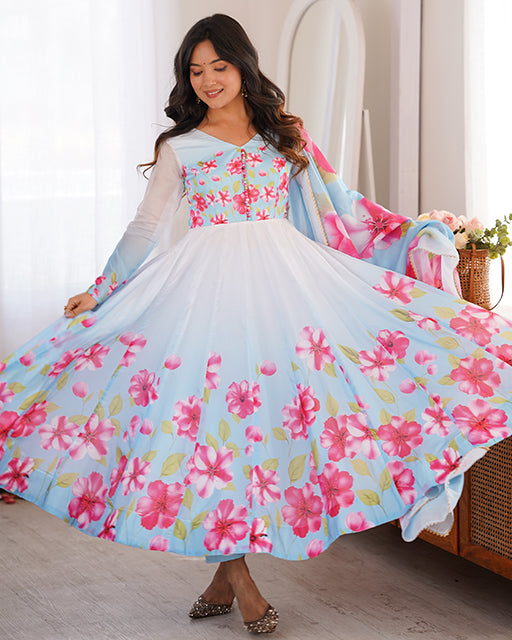Sky Blue Color Floral Printed Pure Organza Silk Anarkali Suit
