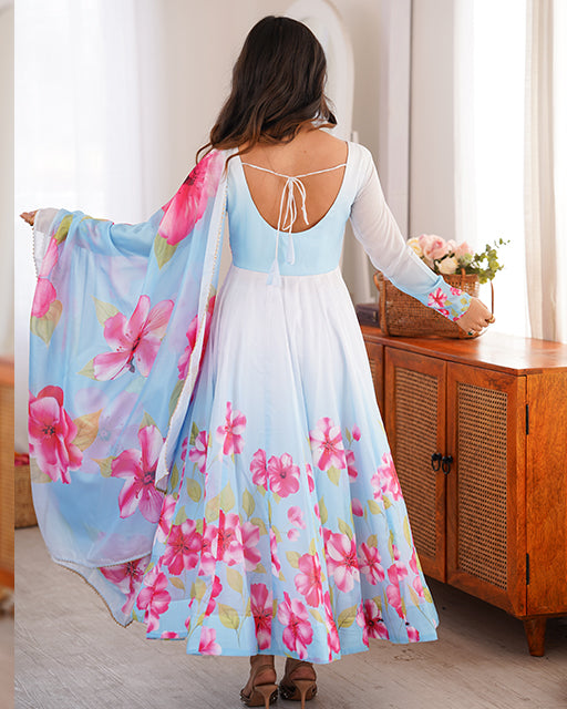 Sky Blue Color Floral Printed Pure Organza Silk Anarkali Suit