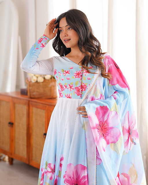 Sky Blue Color Floral Printed Pure Organza Silk Anarkali Suit
