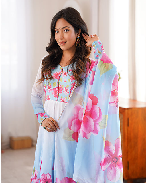 Sky Blue Color Floral Printed Pure Organza Silk Anarkali Suit