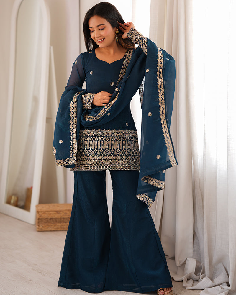 TEAL BLUE COLOR EMBROIDERED CRUNCHY SILK PLAZZO SUIT