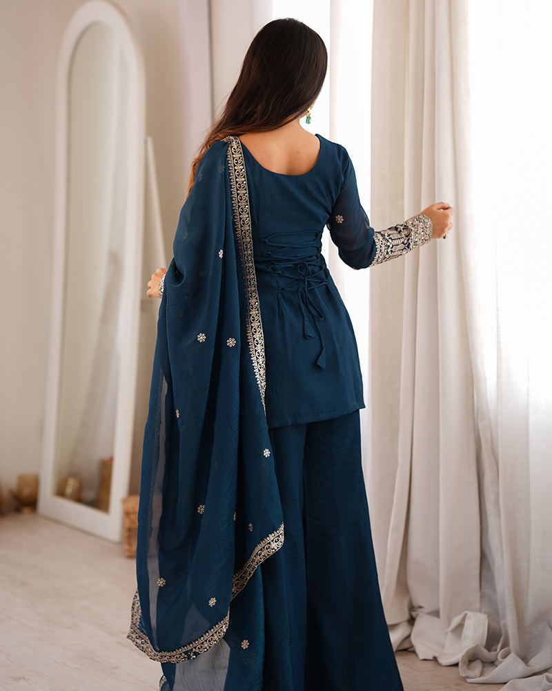 TEAL BLUE COLOR EMBROIDERED CRUNCHY SILK PLAZZO SUIT