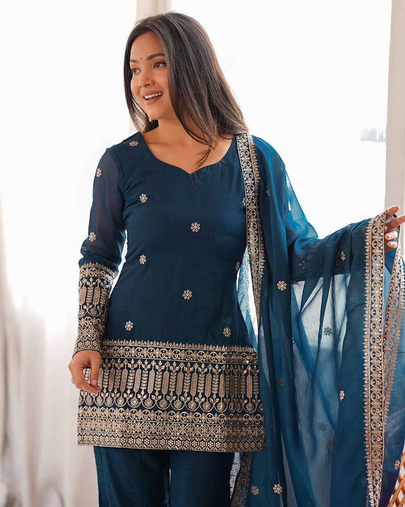 TEAL BLUE COLOR EMBROIDERED CRUNCHY SILK PLAZZO SUIT