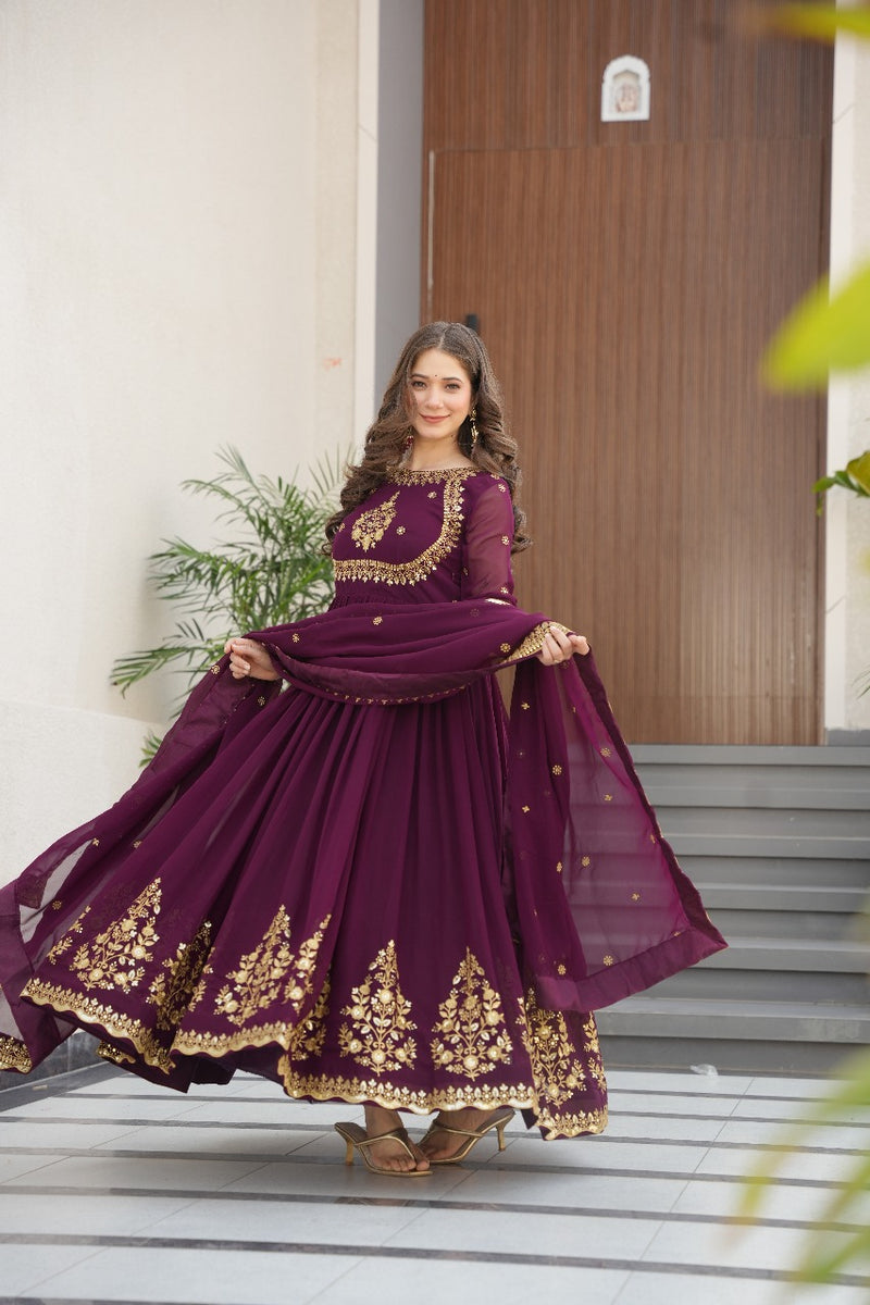 Heavy Designer Gown in Wine Georgette With Sequence Embroidery Work and Dupatta