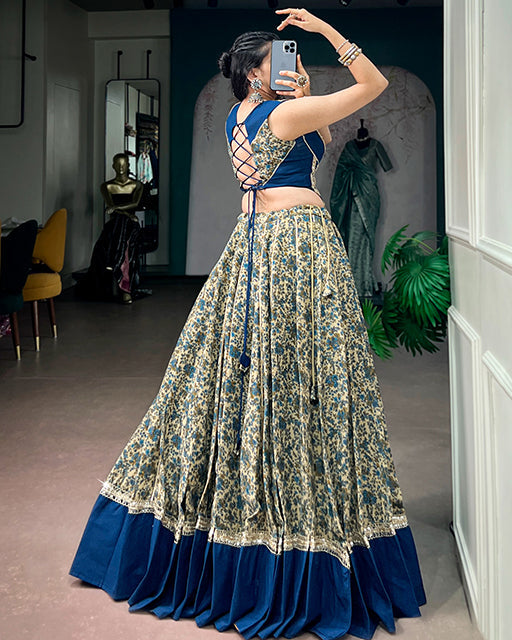 Peacock Blue Color Pure Viscose Chanderi Navratri Lehenga Choli