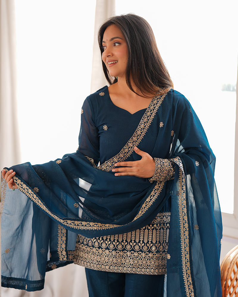 TEAL BLUE COLOR EMBROIDERED CRUNCHY SILK PLAZZO SUIT