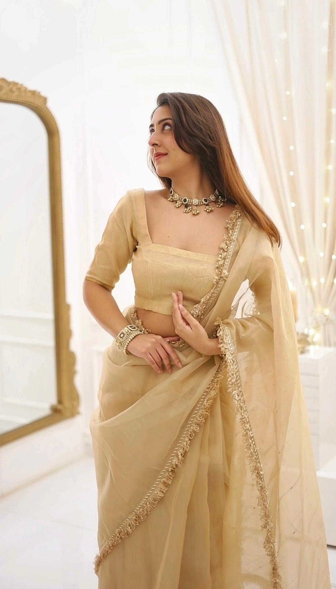 Beige Gold Fendy Silk With Far Border Saree