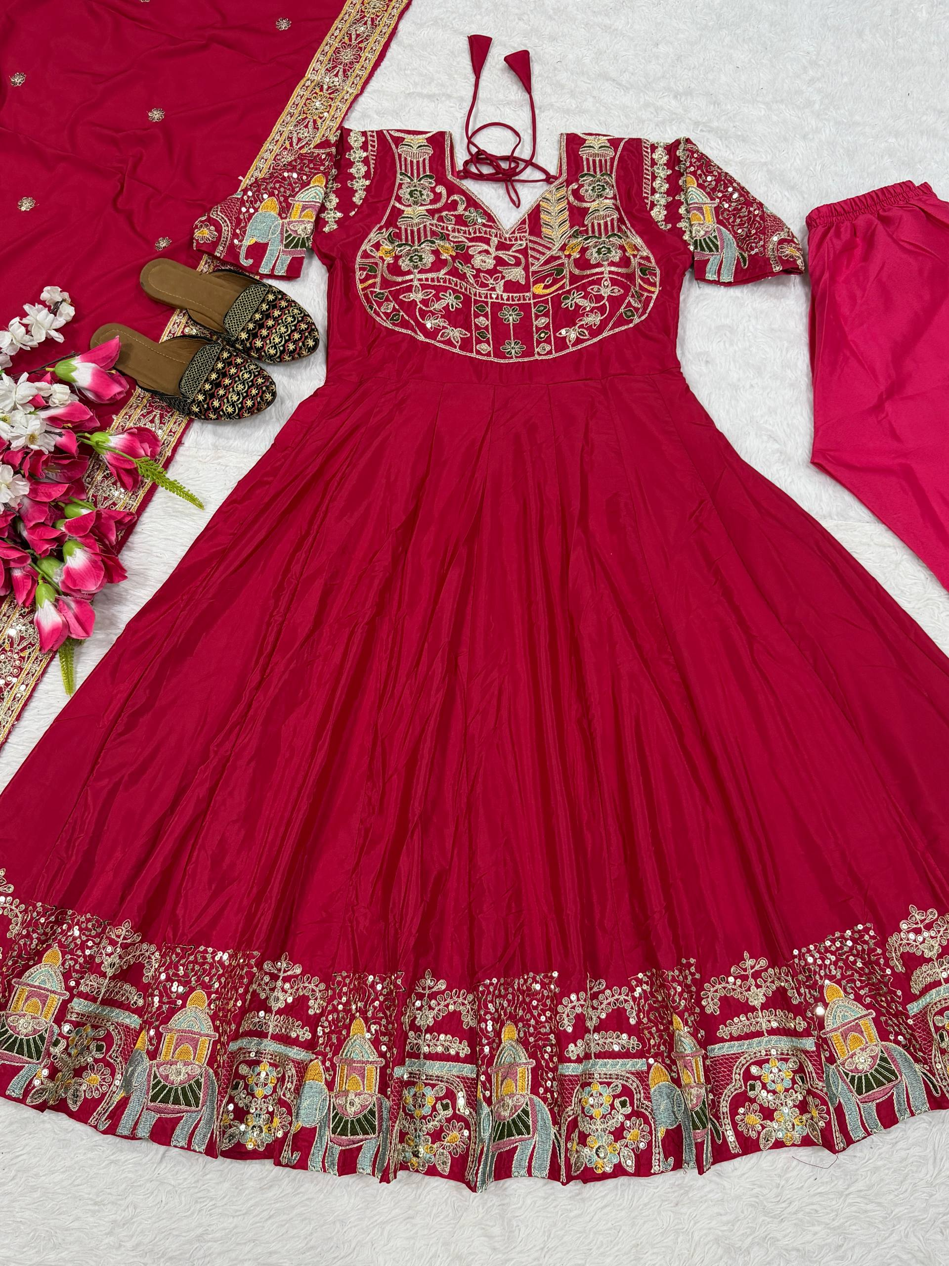 Pink Elephant Motif Embroidered Anarkali Suit with Dupatta - Product Photo
