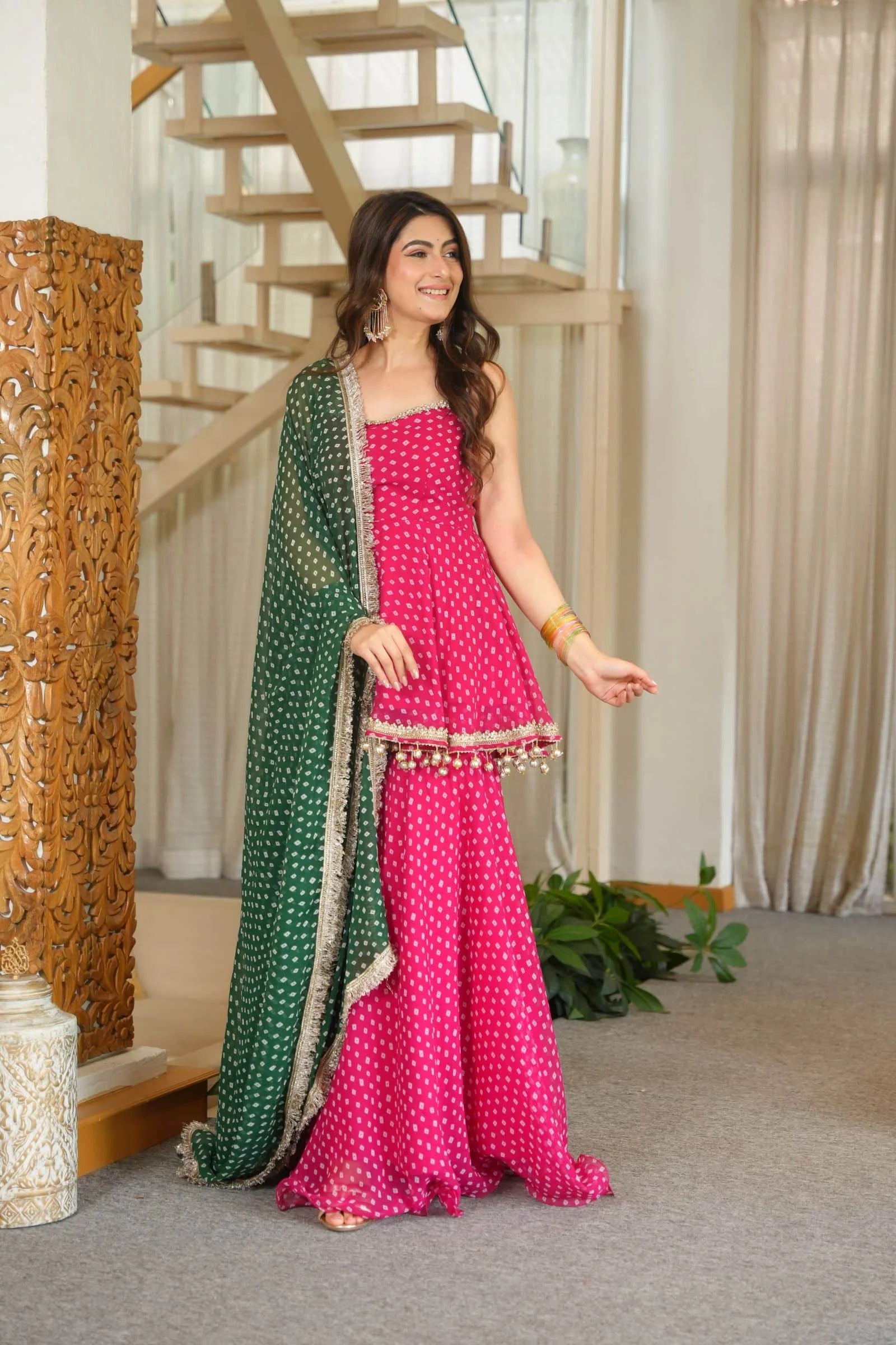 Pink Bandhani Print Sharara Suit Set with Green Dupatta