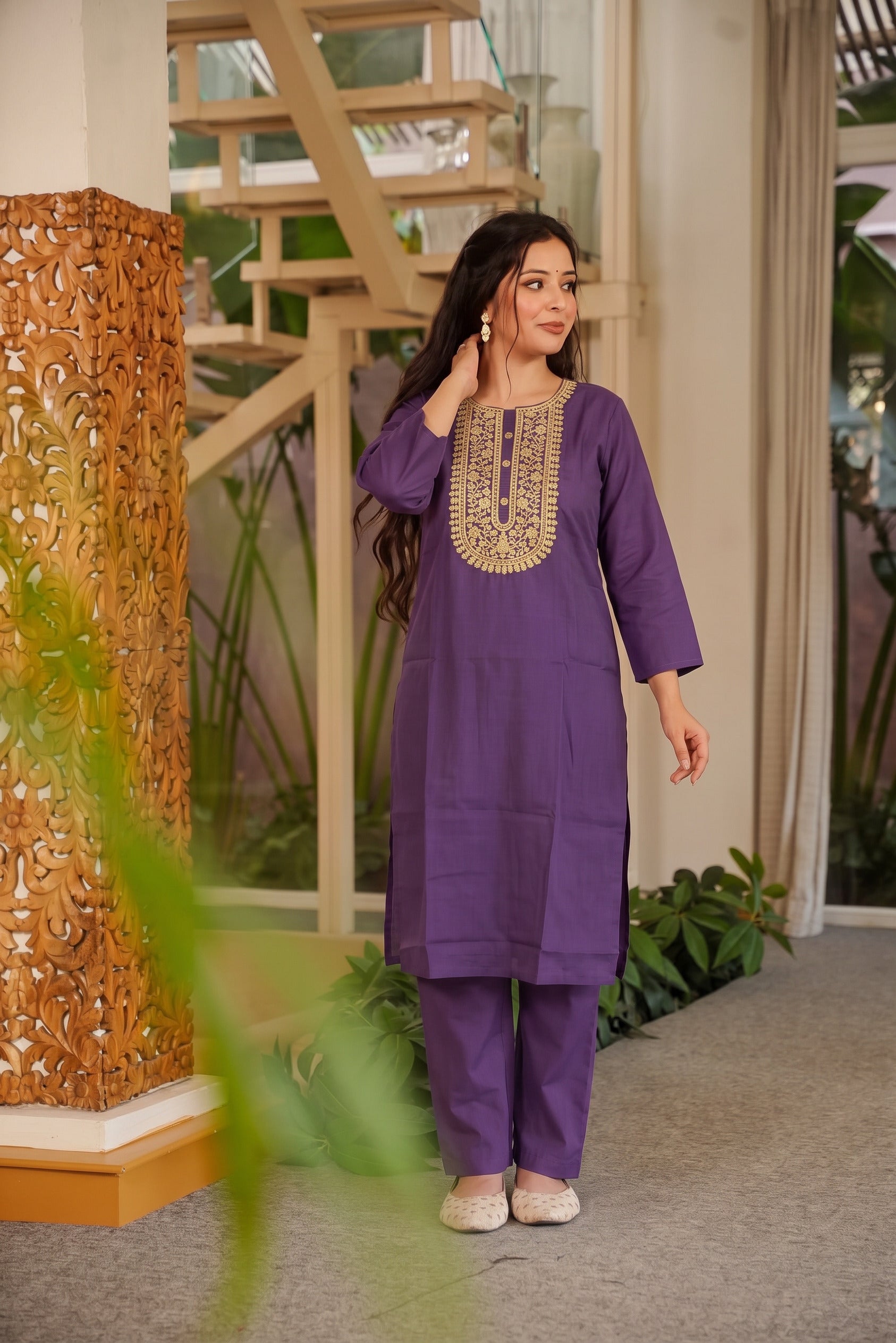 Purple Straight Kurta Set with Gold Embroidered Yoke