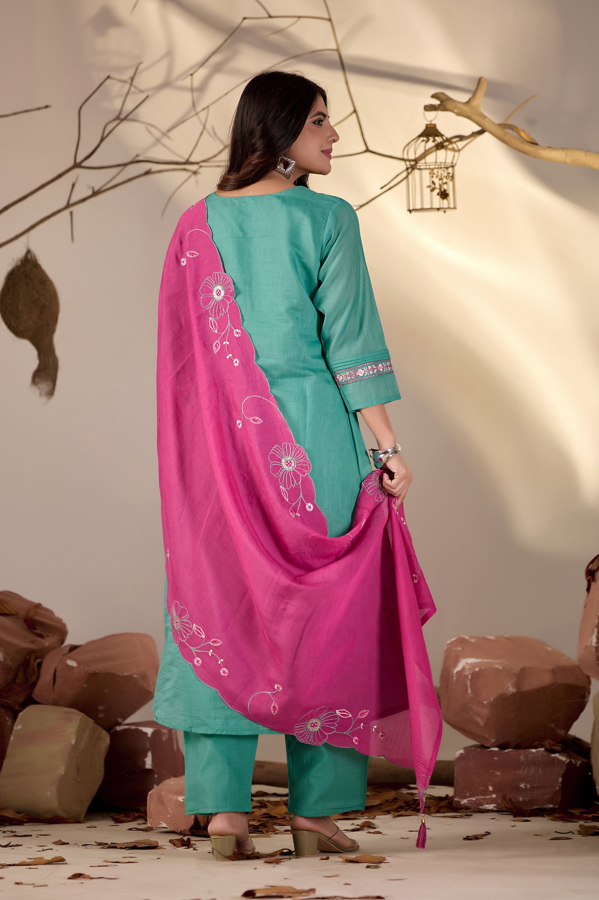 Sea Green Pintuck Kurta Set with Fuchsia Pink Floral Dupatta